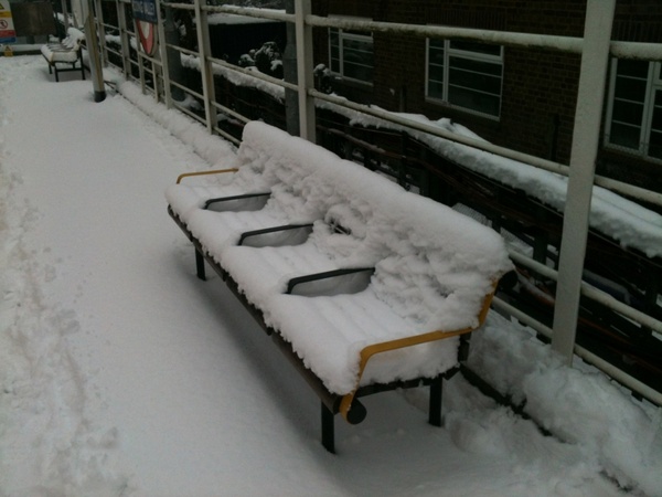 faces on a snowcovered bench