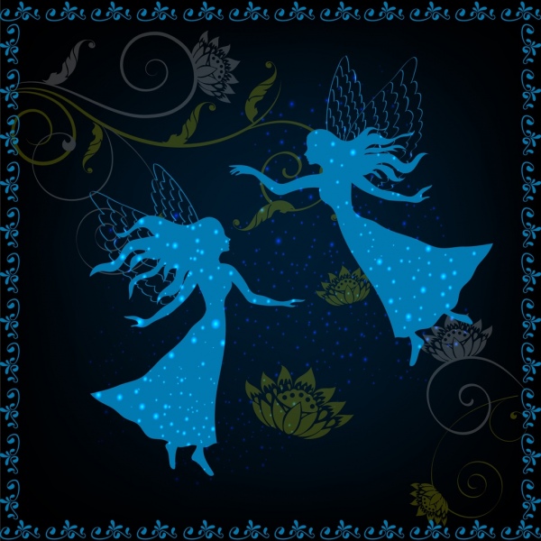 fairy background blue silhouette design women flowers decor