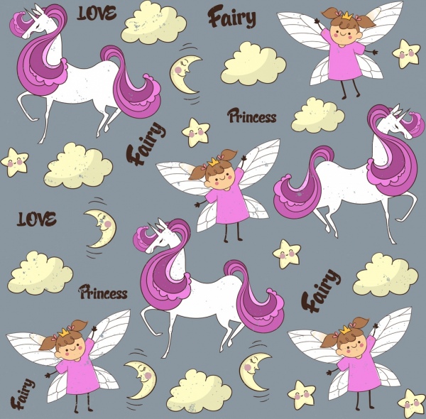 fairy background cute girl horse icons repeating design 