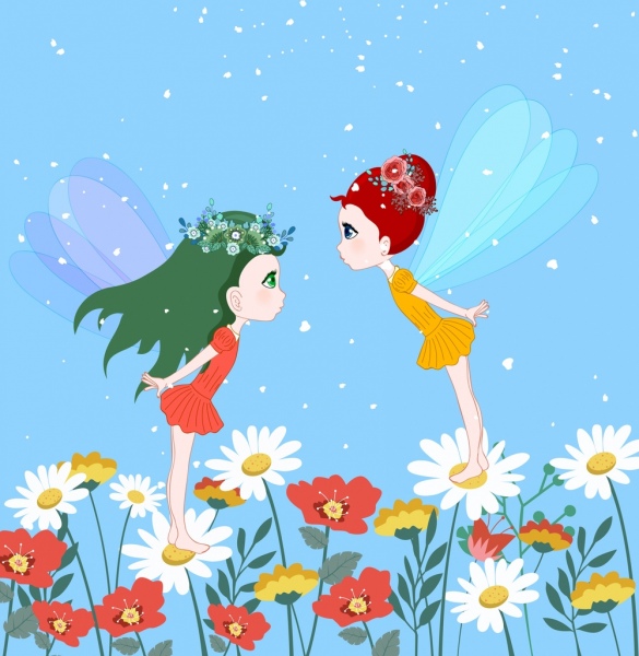 fairy background winged girls flowers icons cartoon design