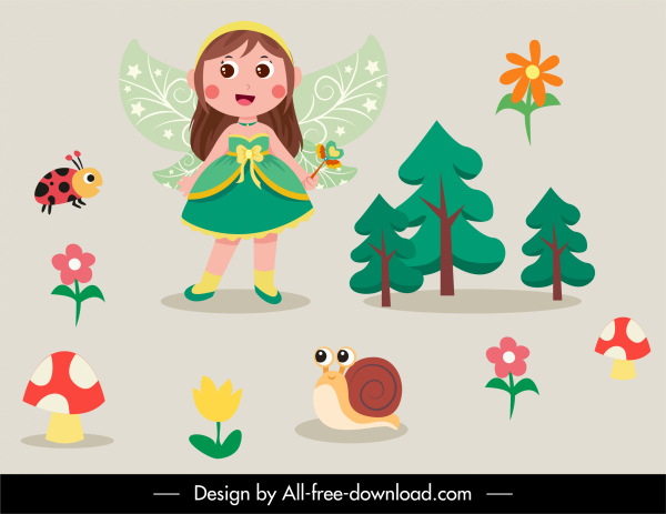fairy design elements winged girl nature creatures sketch