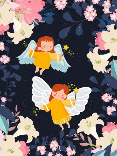fairy drawing cute winged angles flowers decoration
