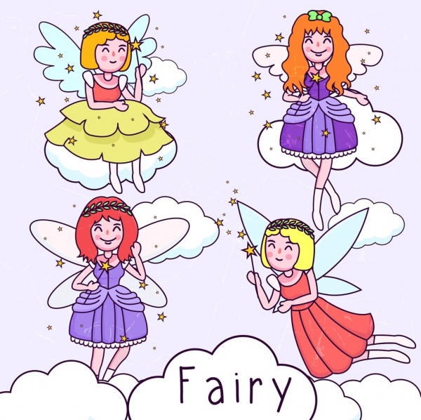 fairy icons collection cute girl design handdrawn sketch