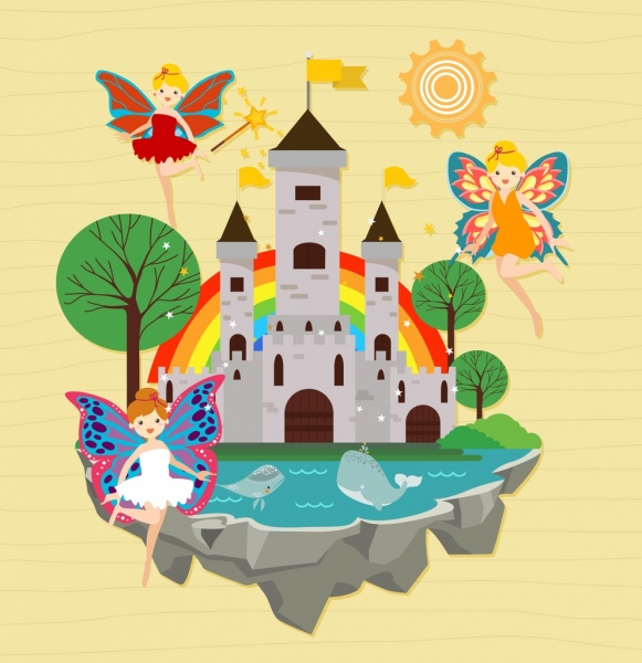 fairy land background angels castles icons colored cartoon