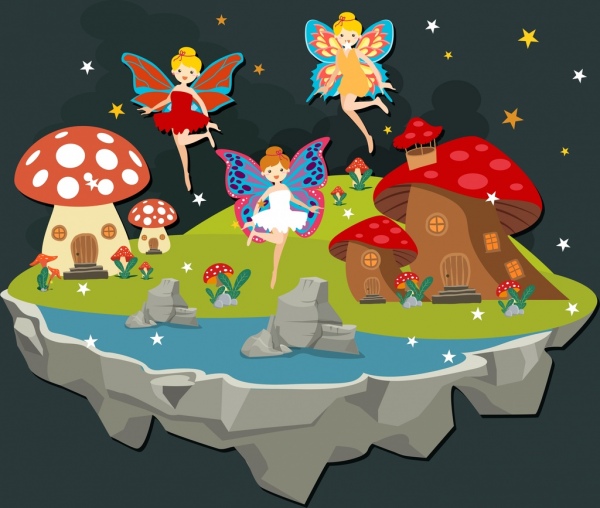 fairy land drawing winged angels mushroom house icons