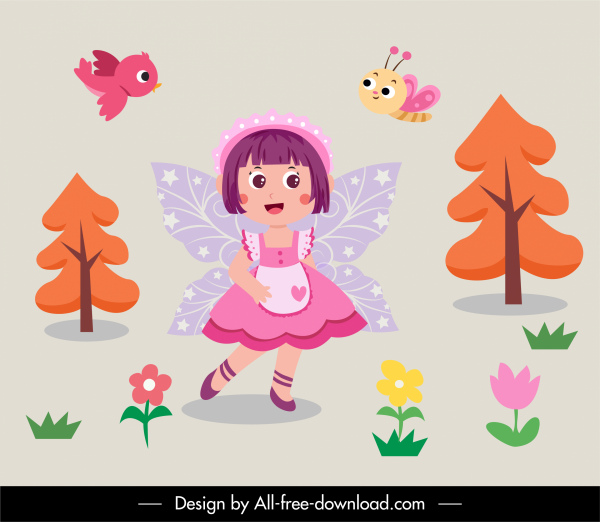 fairy tale decor elements winged girl nature sketch