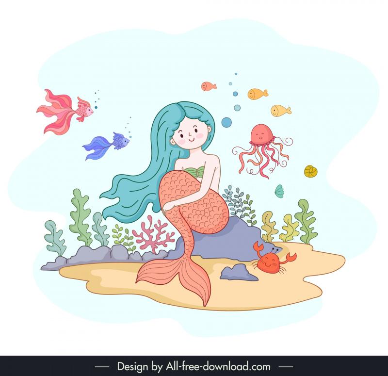 fairy tale design elements cute mermaid cartoon character 