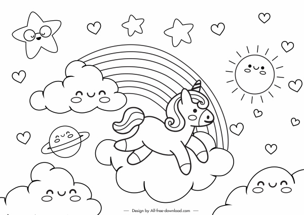 fairy tale drawing cute stylized clouds suns unicorn 