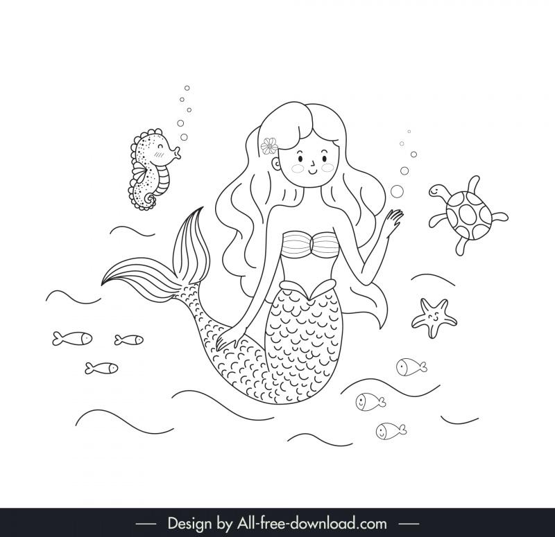 fairy tale mermaid design elements cute black white handdrawn 