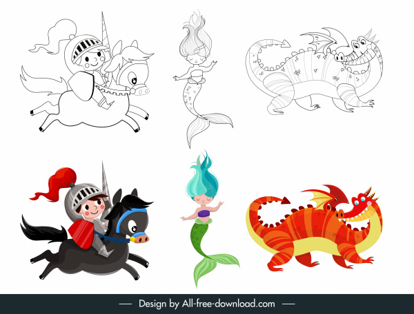 fairy tales icons mermaid knight dragon cartoon sketch