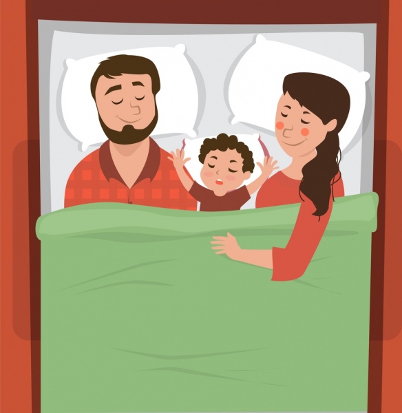 family background parents son bed icons decor 