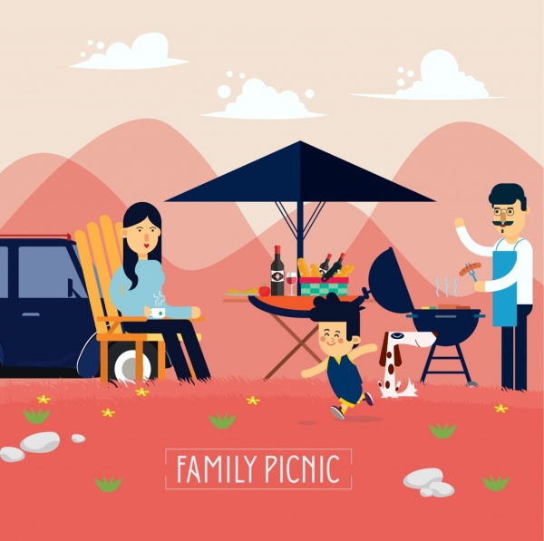 family picnic drawing parents kid outdoor barbecue icons