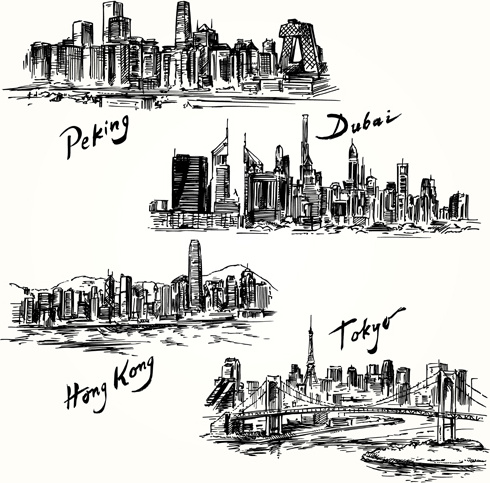 famous cities buildings hand drawn vector