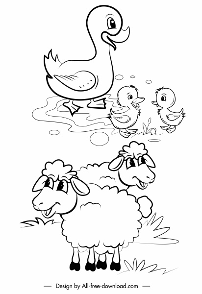 farm animals icons ducks sheep sketch handdrawn cartoon