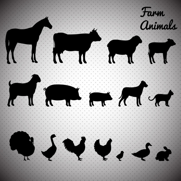 farm animals icons illustration with silhouettes style