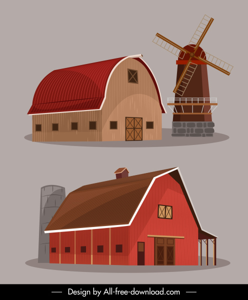 farm design elements warehouse windmill icons sketch