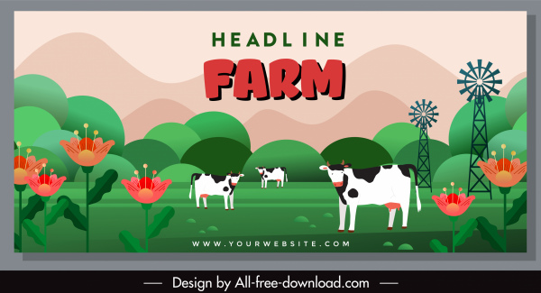 farm scene banner cows flowers sketch colorful classic