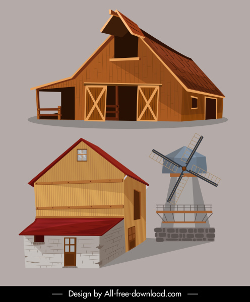 farm structures icons colored 3d sketch