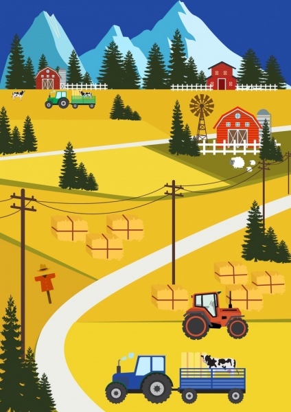farm work painting field machine castle icons decor