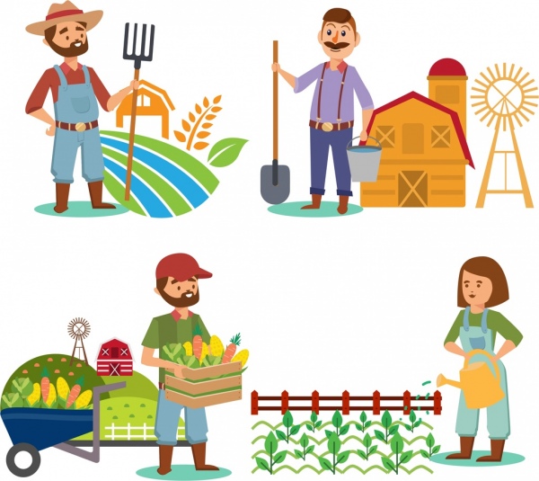 farmer icons collection colored cartoon design 