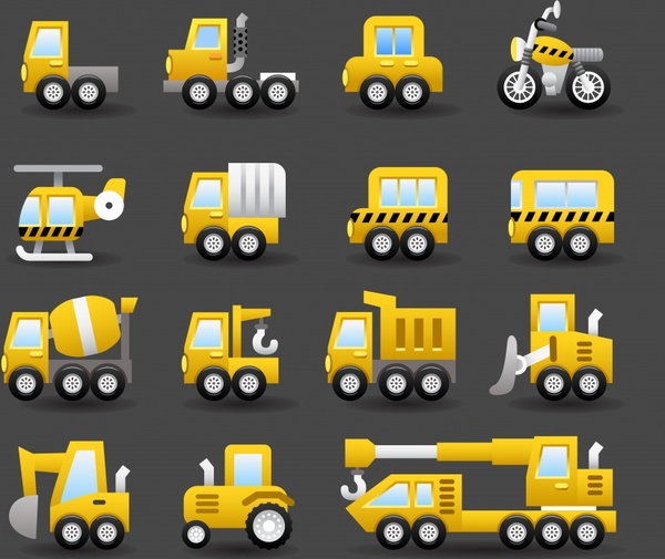 vehicles icons modern flat yellow sketch