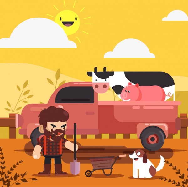 farming background farmer truck cattle icons cartoon design