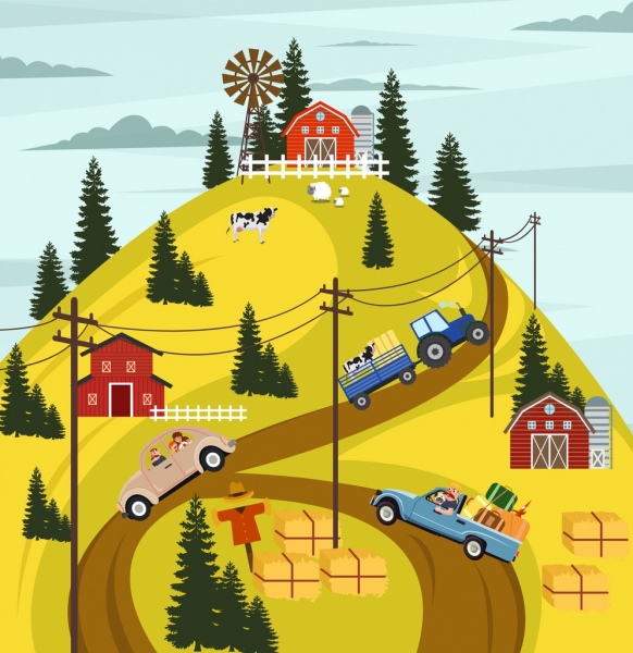 farming background mountain road cars cattle icons