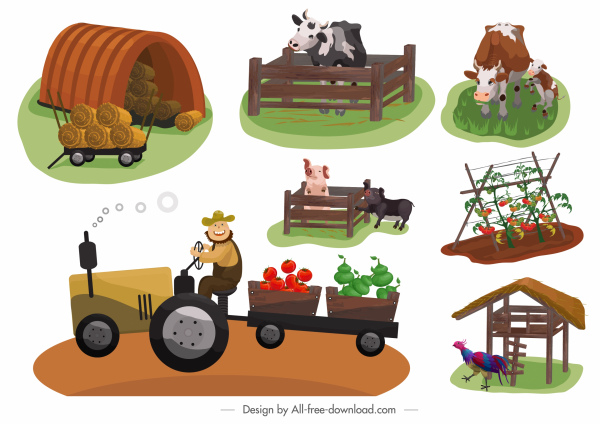 farming icons colored cartoon sketch