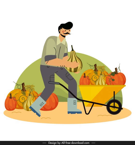 farming work painting man pumpkins wheelbarrow sketch