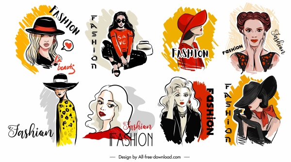 fashion model icons colored handdrawn cartoon sketch