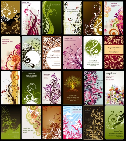 card background templates collection colorful floral curves sketch