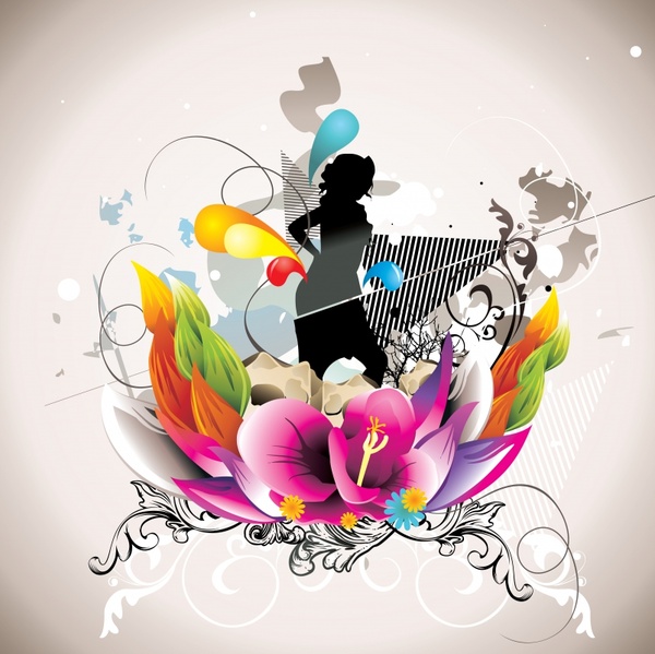 decorative background lady silhouette colorful botany sketch