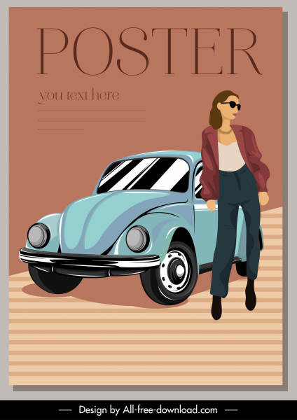 fashion poster young lady classic car sketch