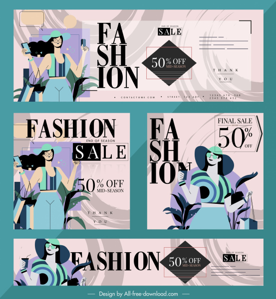 fashion sale banners female shopper sketch colorful classic