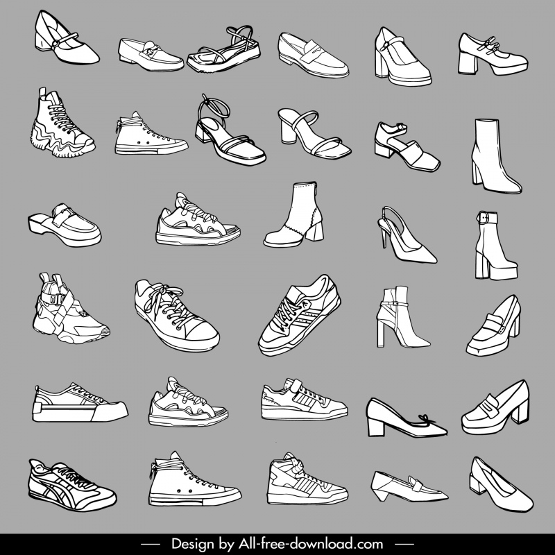 fashion shoes collection black white hand drawn  