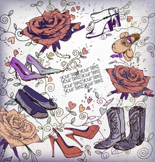 fashion background retro female footwears rose flower sketch
