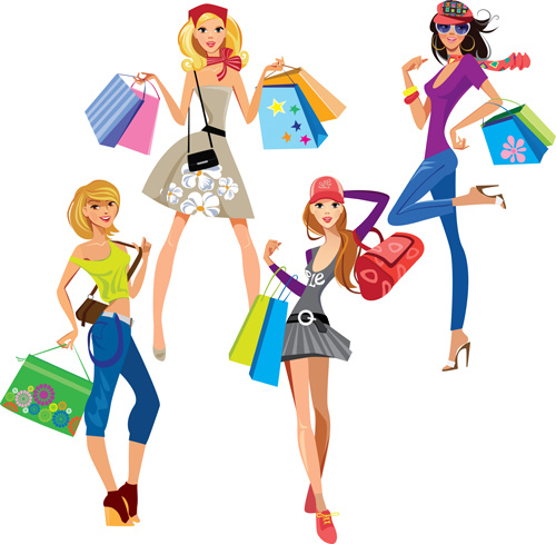 fashion shopping girls vector set