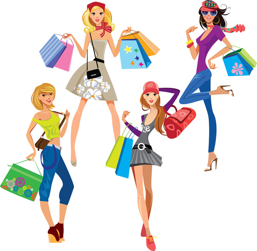 fashion shopping girls vector set 