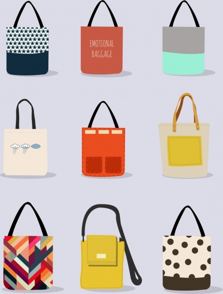 fashionable bag icons collection various colorful design