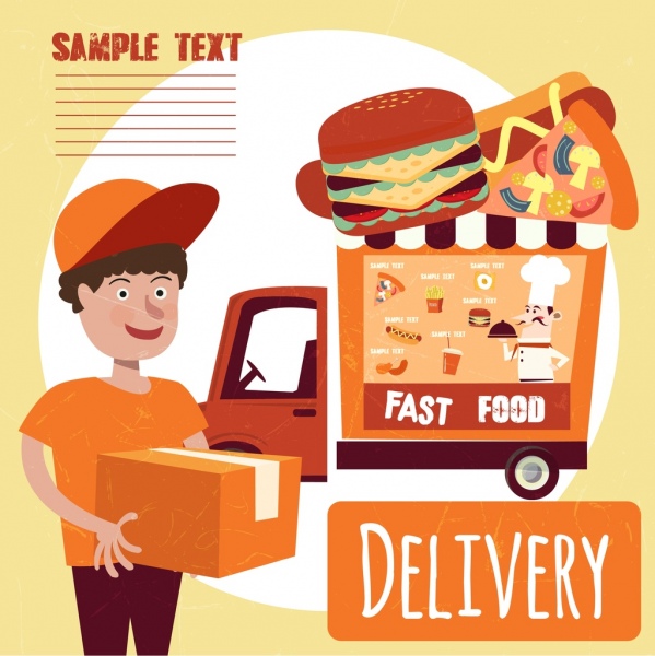 fast food advertising boy truck icons colored cartoon