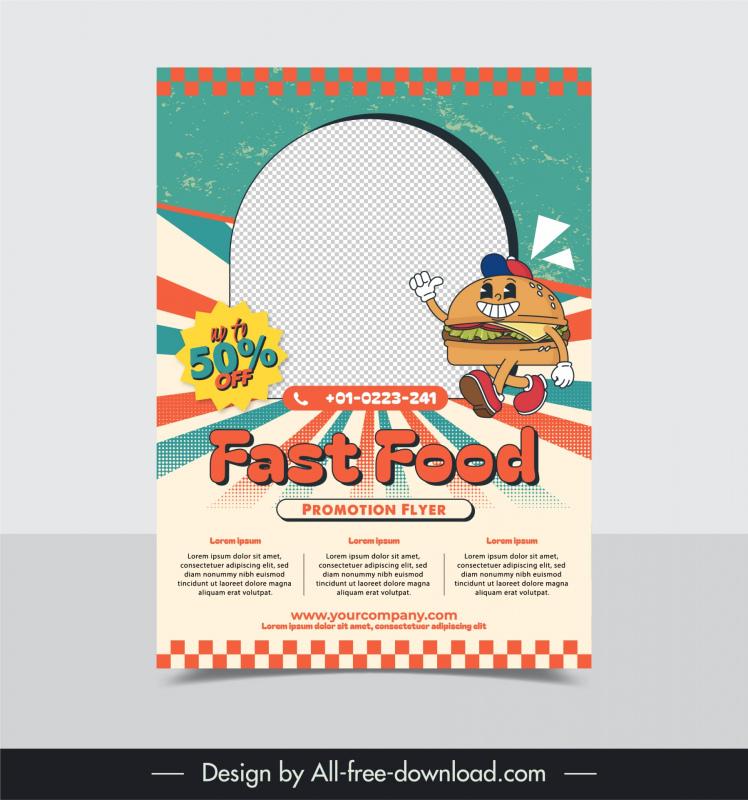 fast food flyer template funny stylized burger cartoon 