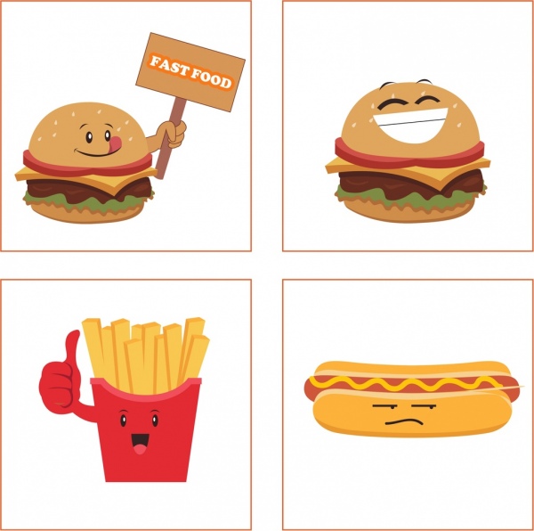 fast food icons collection funny emoticon isolation