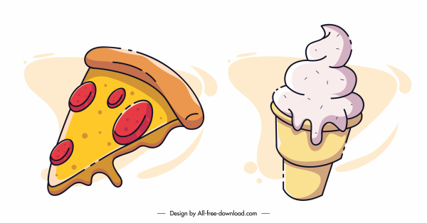 fast food icons pizza ice cream sketch
