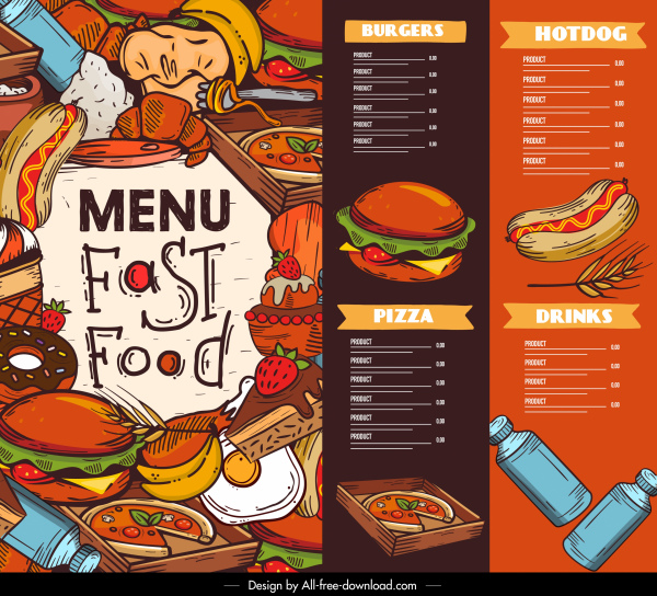 fast food menu template colorful messy classical decor