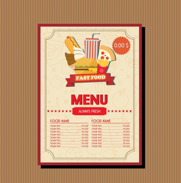 fast food menu template food vignette brown decoration 