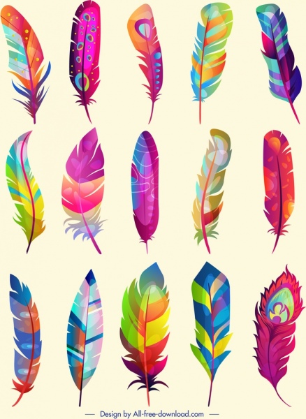 feathers icons collection multicolored decor fluffy vertical design