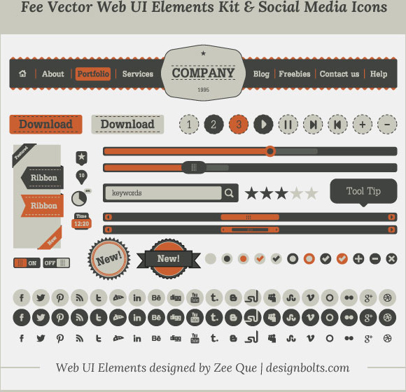 fee vector simple web ui elements kit social media icons set