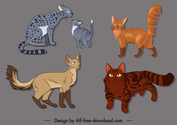 feline species icons cute cartoon sketch