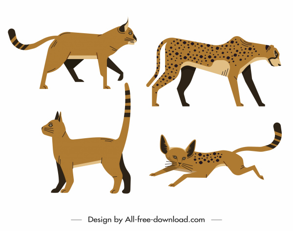feline species icons dark colored retro design