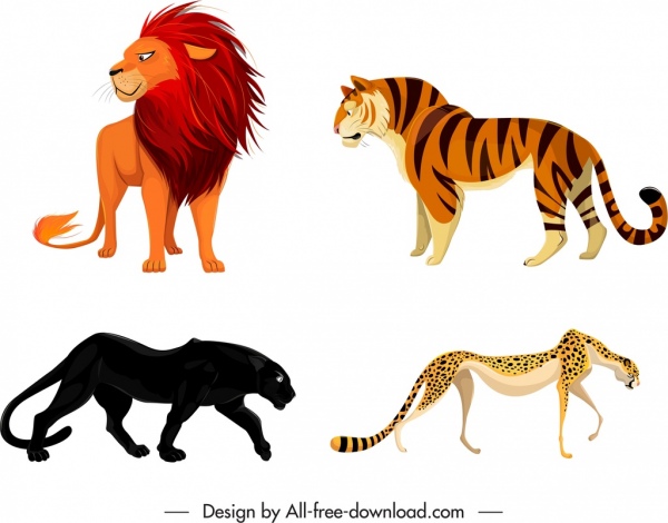 feline species icons tiger lion leopard panther sketch